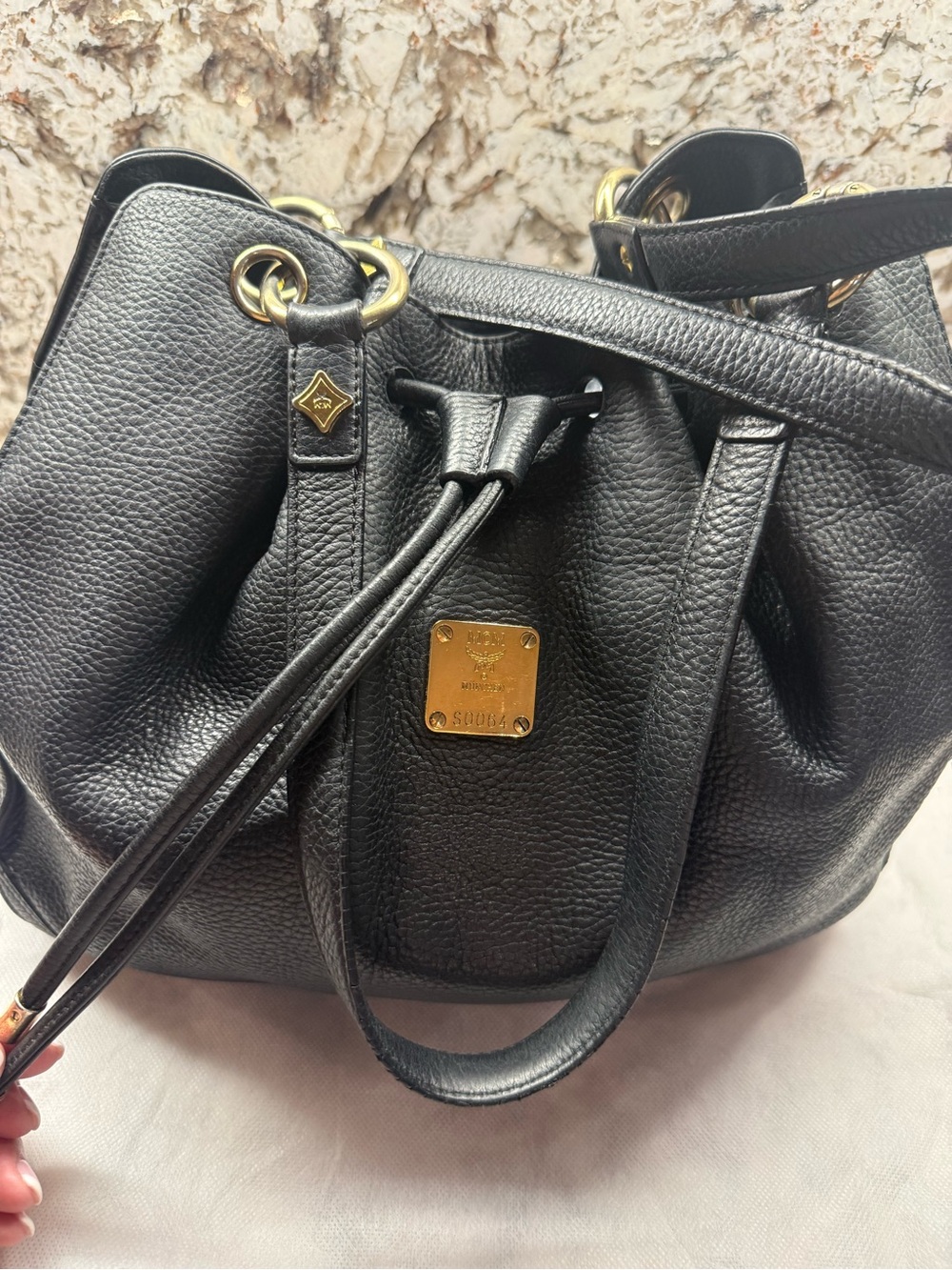MCM Black Pebbled Leather Drawstring Hobo with Gold Hardware